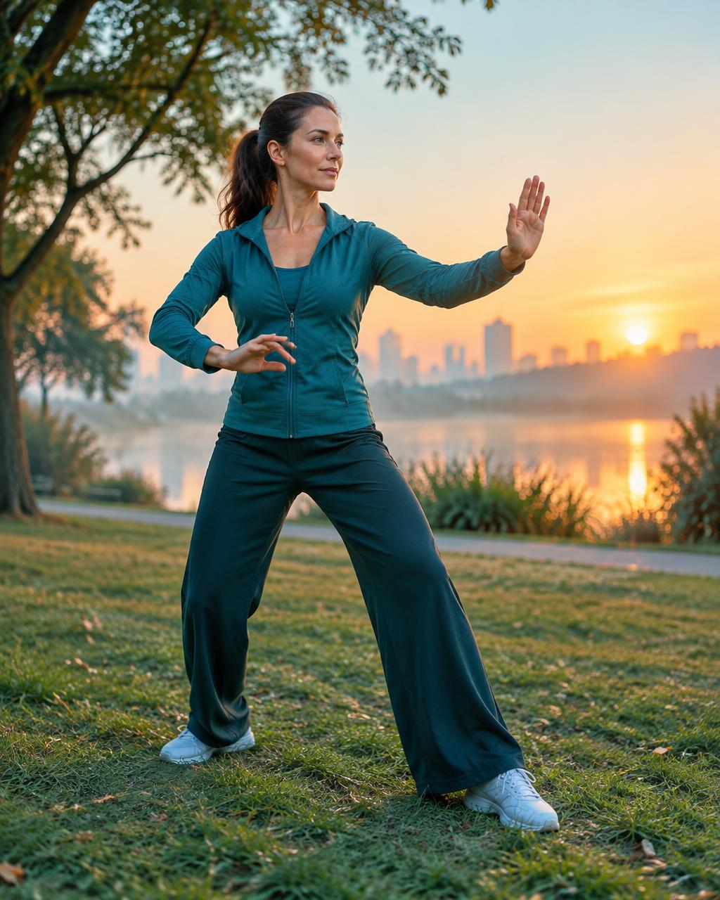 Woman practicing Tai Chi in a park at sunrise